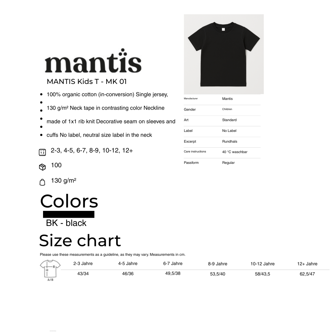 Mantis Kids Essential T‑Shirt – Black (MK01) | Organic, Unisex