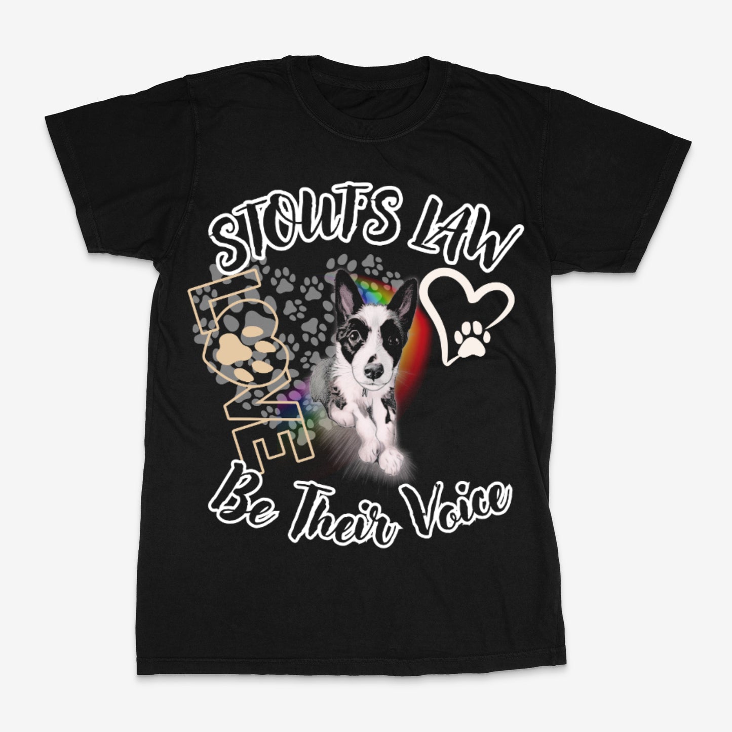 Black t-shirt with a dog graphic and text on a white background