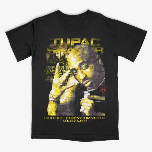 Black t-shirt with a graphic of a well-known figure and text on a white background