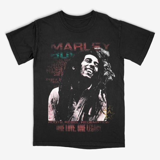 Black t-shirt with a graphic of a famous musician and text on a white background