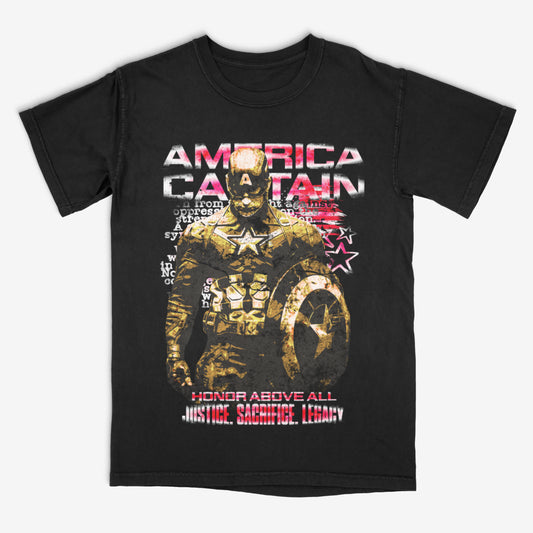 Black t-shirt with Captain America graphic and text on a white background