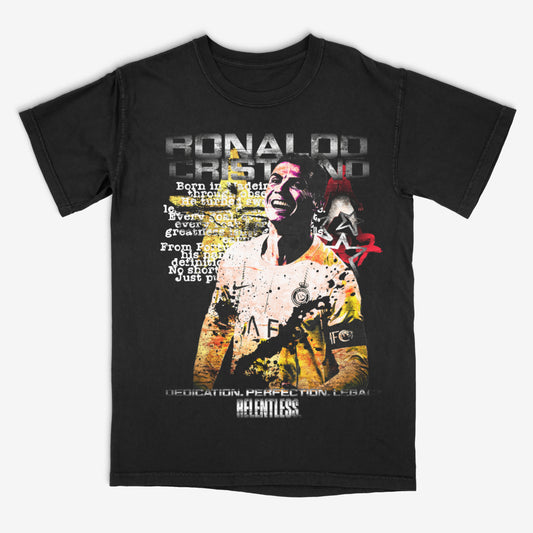 Black t-shirt with a graphic design featuring a person and text on a white background