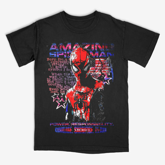 Black t-shirt with Spider-Man graphic and text on a white background