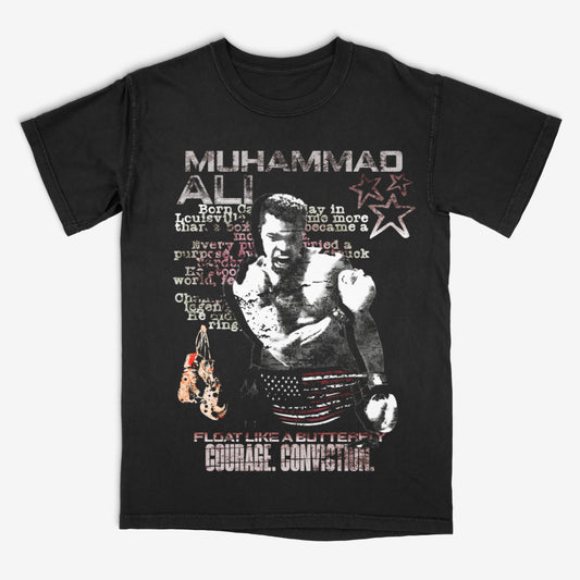 Black t-shirt with Muhammad Ali graphic and text on a white background