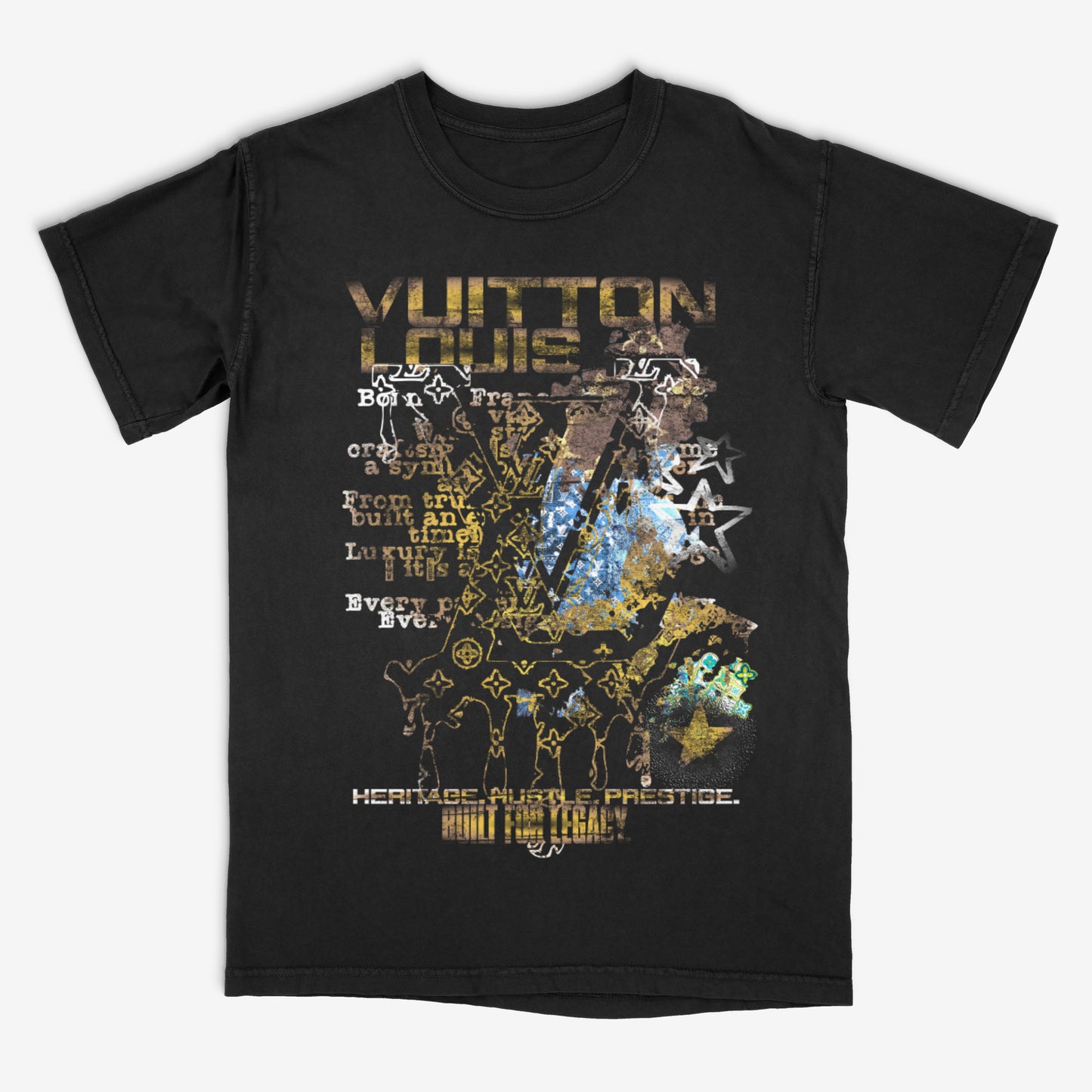 Black t-shirt with graphic design and text on a white background