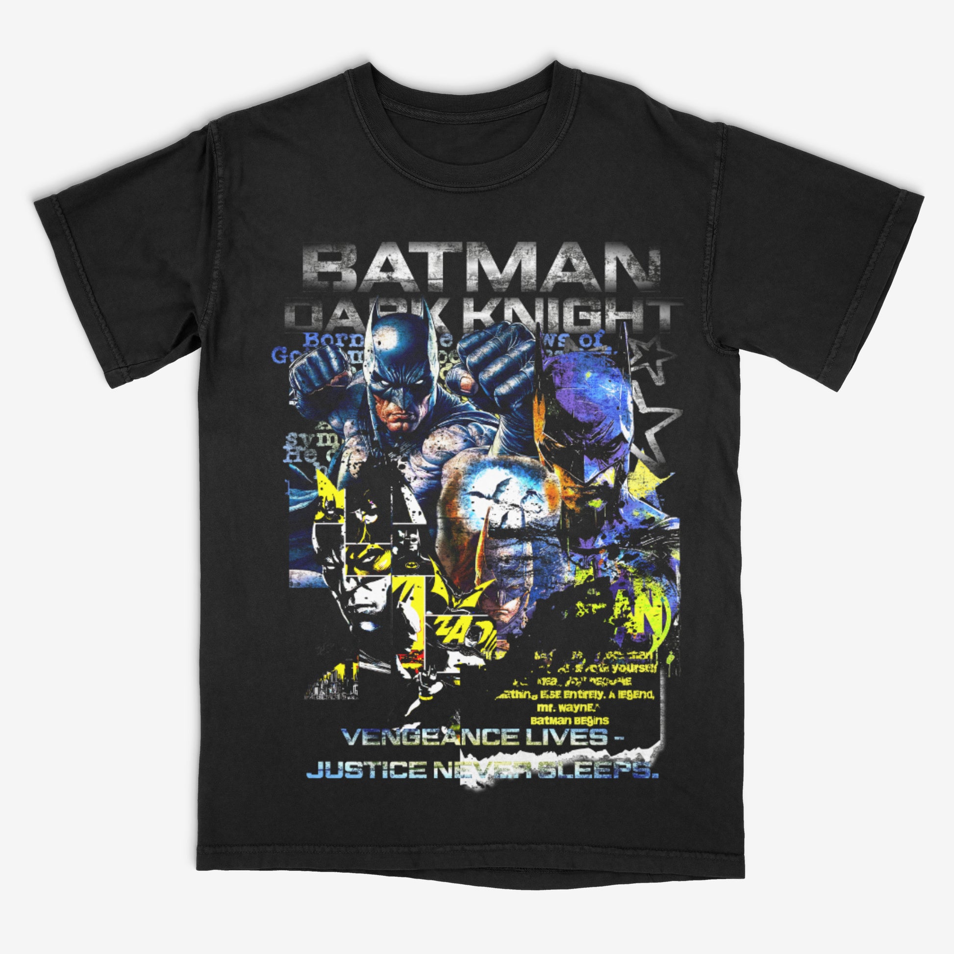 Black t-shirt with Batman graphic design on a white background
