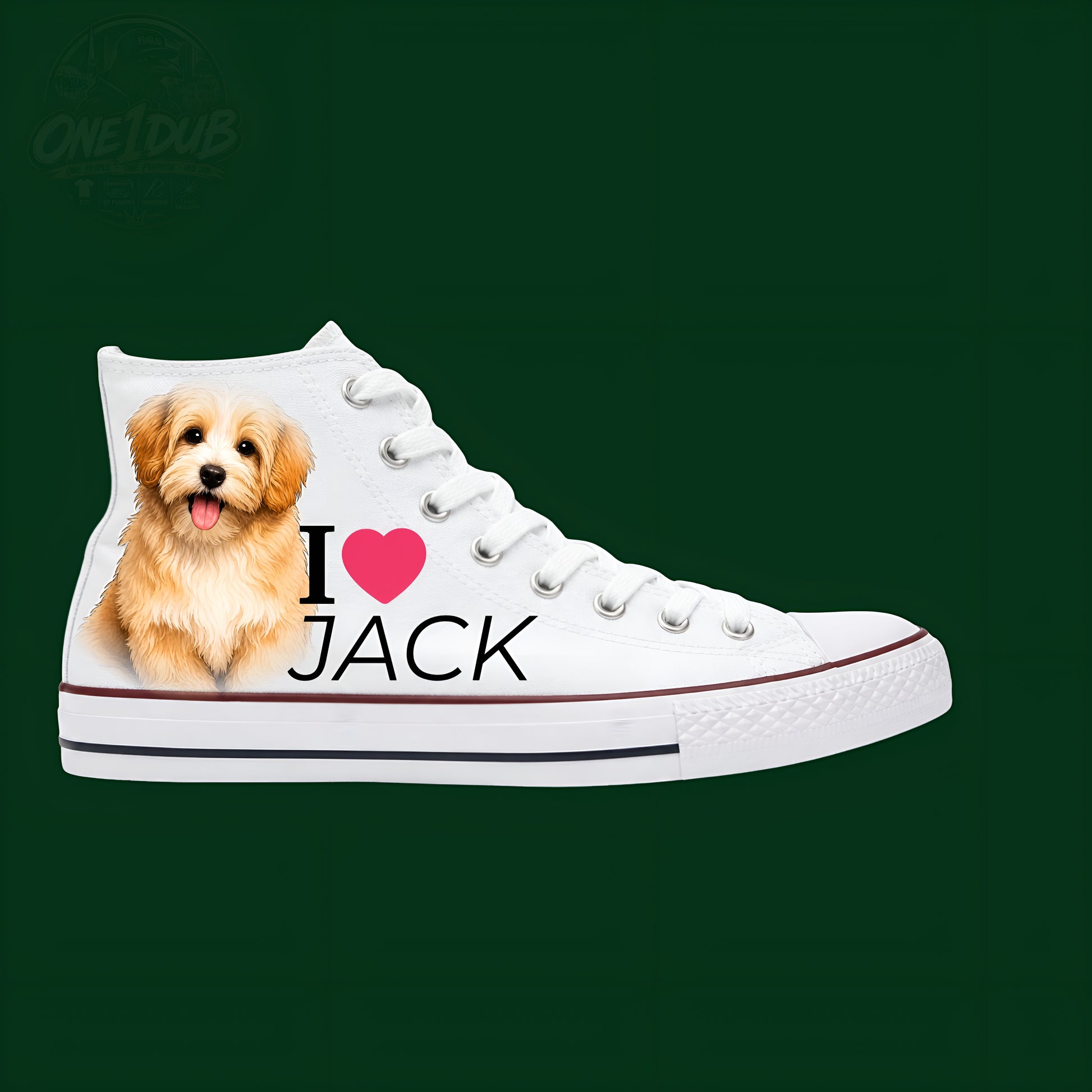 White high-top sneaker with a dog illustration and 'I ❤️ JACK' text on a green background.