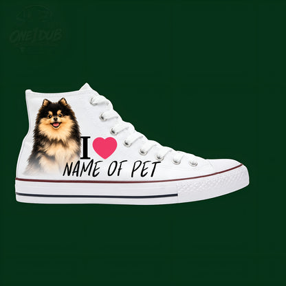 White high-top sneaker with a dog illustration and 'I ❤️ NAME OF PET' text on a green background.