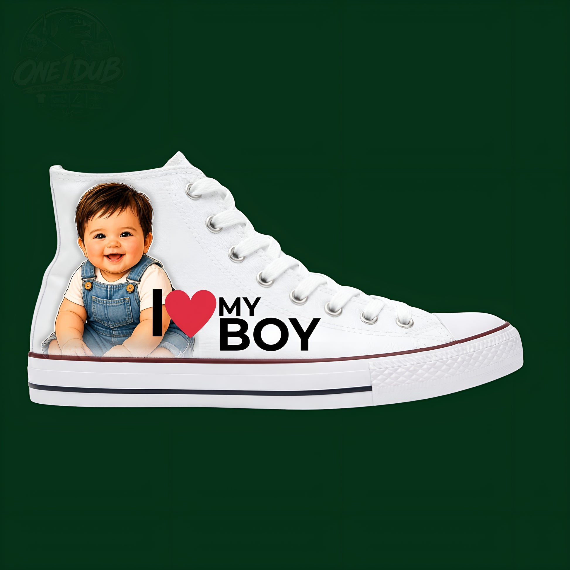 White high-top sneaker with a child's photo and 'I ❤️ MY BOY' text on a dark green background.