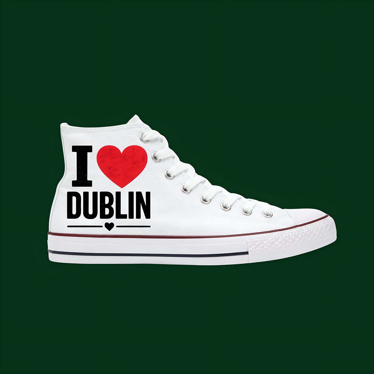 White high-top sneaker with 'I ❤️ Dublin' text on a dark green background