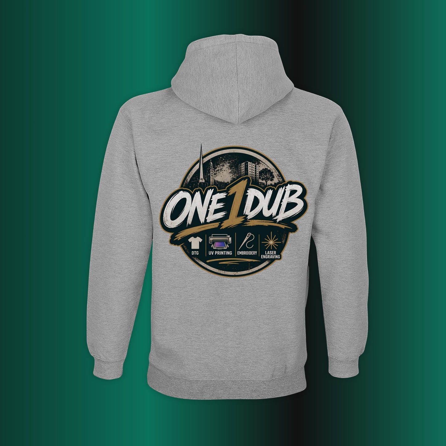 Gray hoodie with 'ONE 1 DUB' logo on the back against a green gradient background