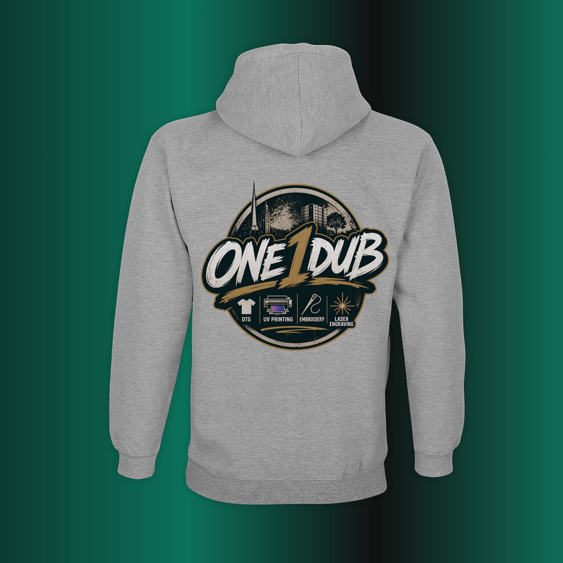 Gray hoodie with 'ONE 1 DUB' logo on the back against a green gradient background