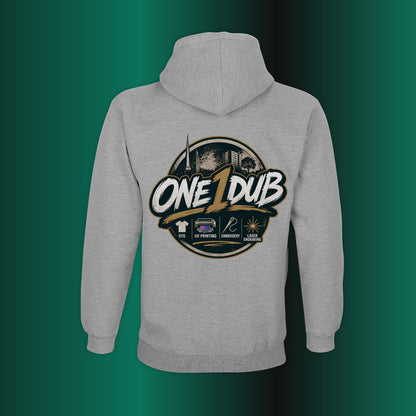 Gray hoodie with 'ONE 1 DUB' logo on the back against a green gradient background