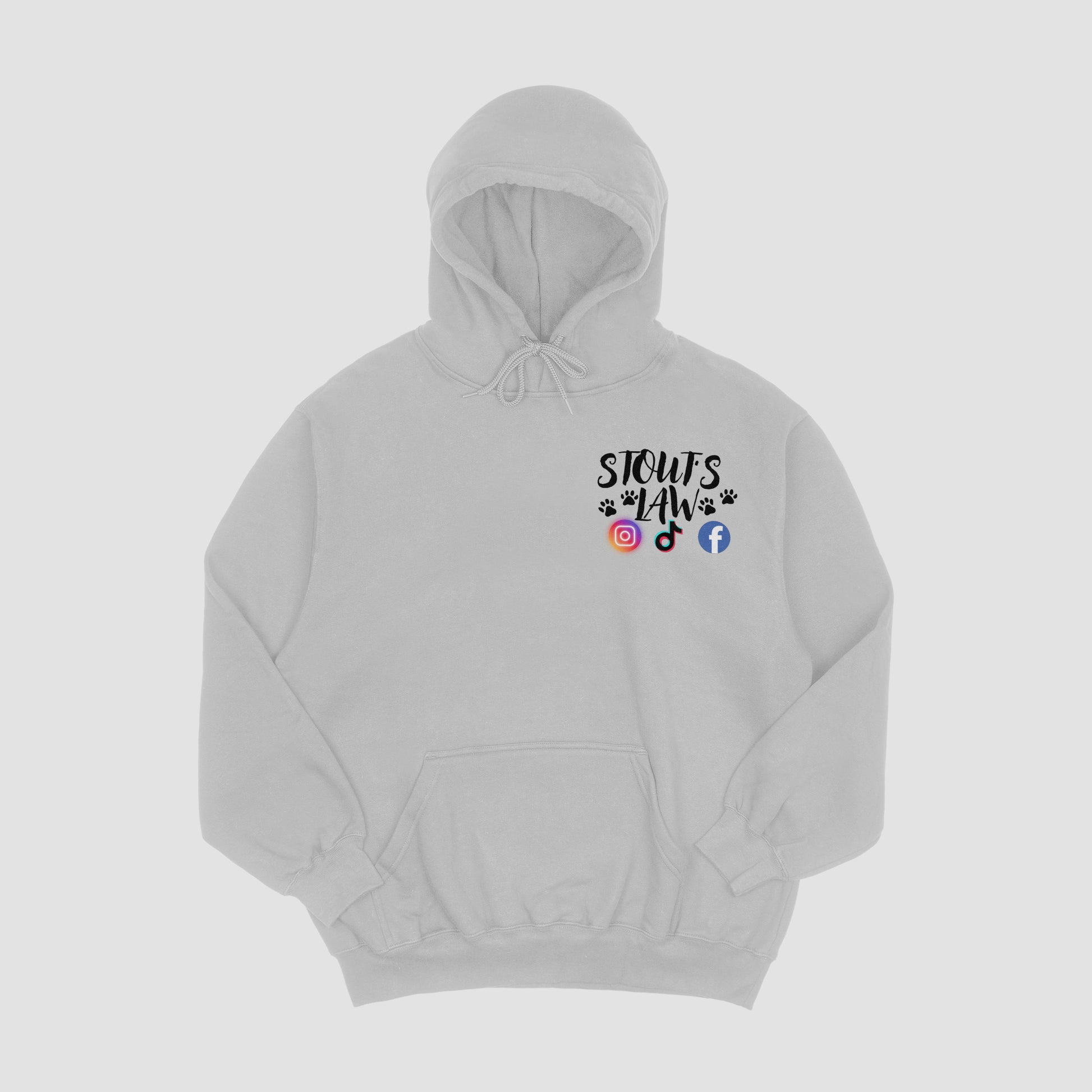 Gray hoodie with text and social media icons on a light gray background