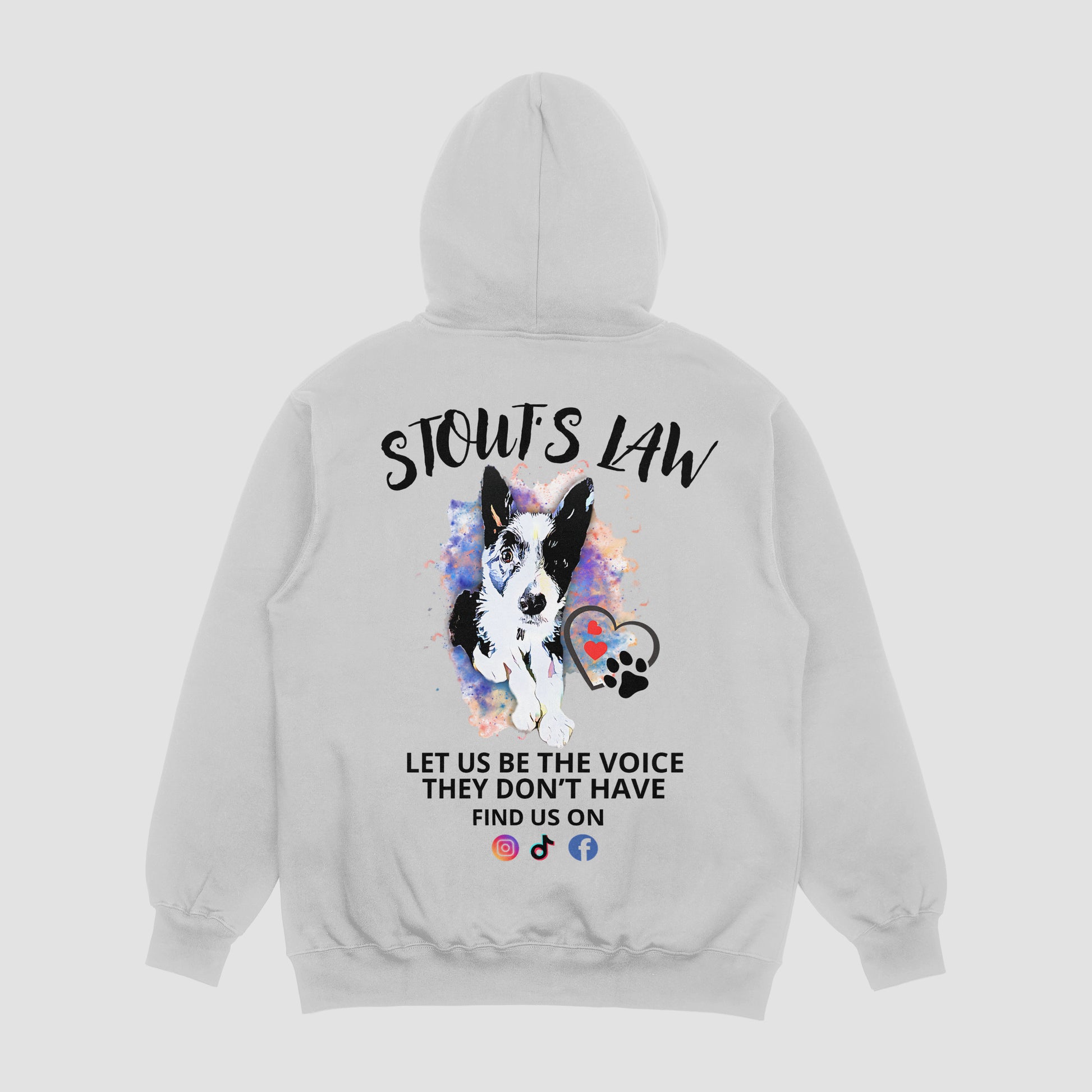 Gray hoodie with a dog illustration and text on the back, on a light gray background