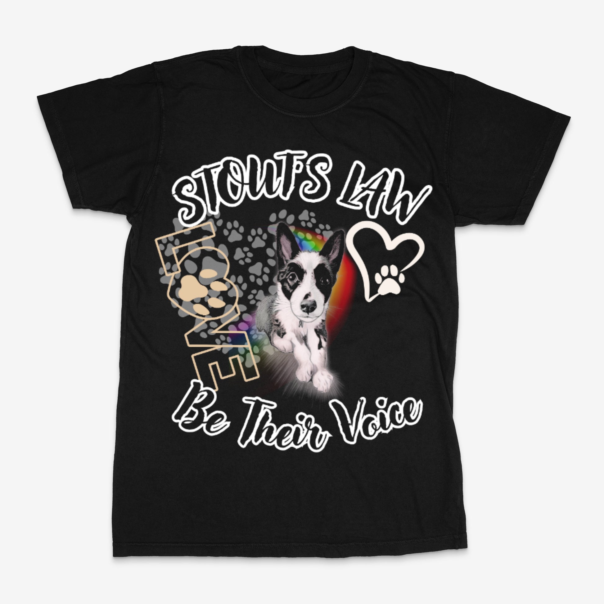 Black t-shirt with a dog graphic and text on a white background