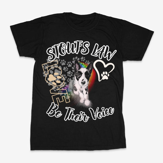 Black t-shirt with a dog graphic and text on a white background