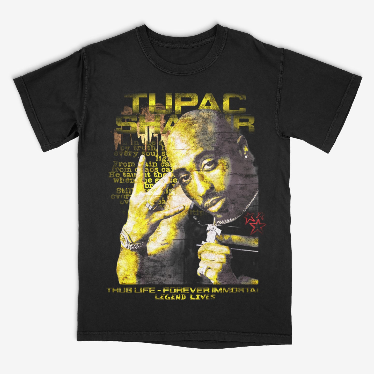 Black t-shirt with a graphic of a well-known figure and text on a white background