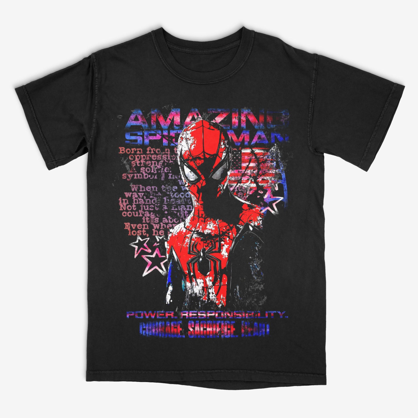 Black t-shirt with Spider-Man graphic and text on a white background