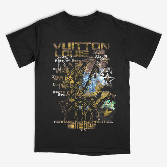 Black t-shirt with graphic design and text on a white background