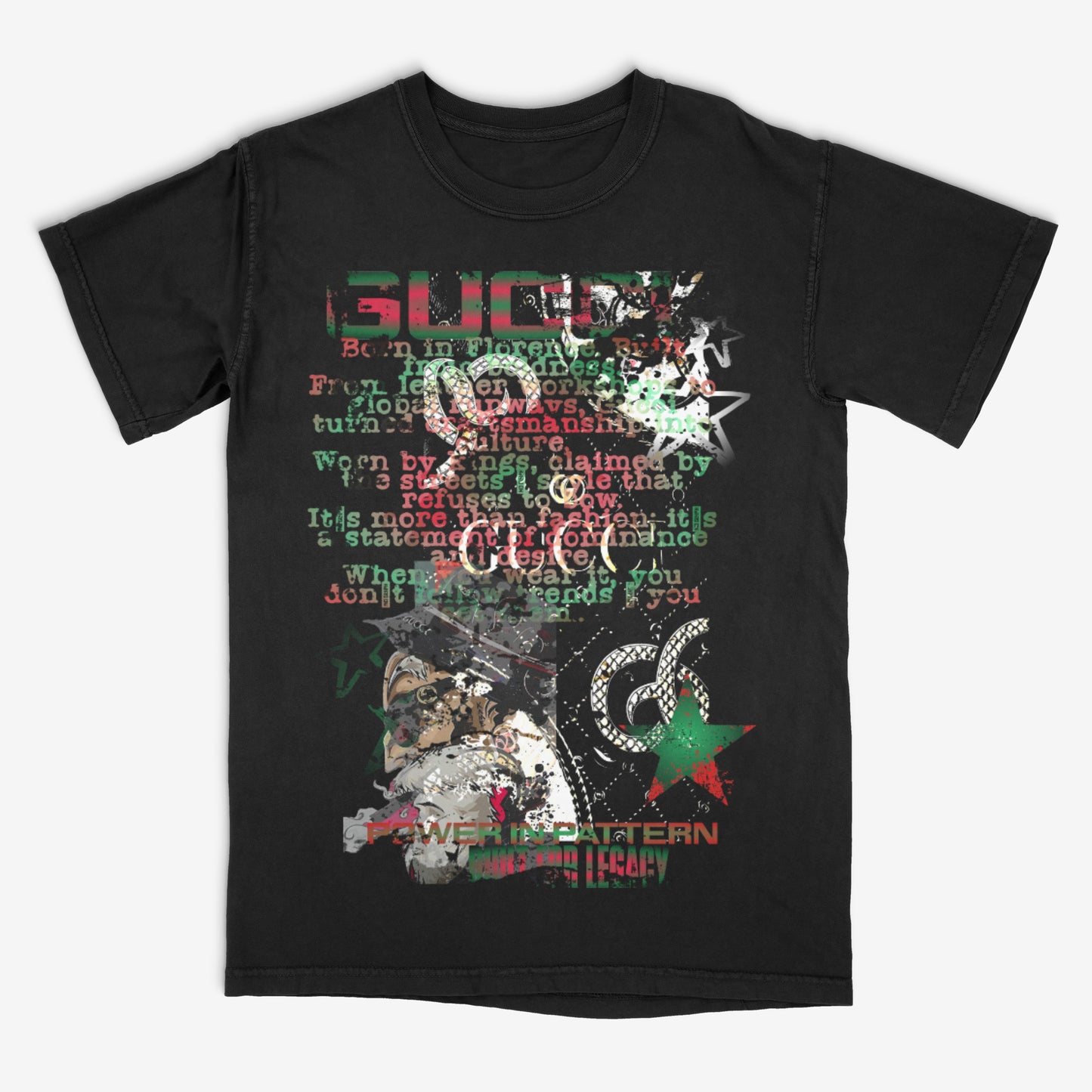 Black t-shirt with colorful graphic design and text on a white background