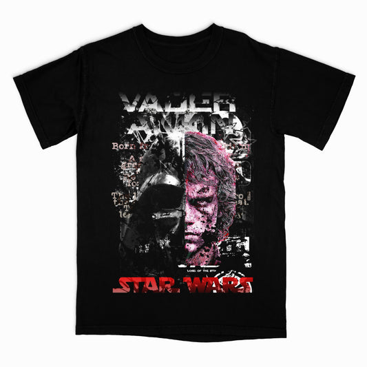 Black t-shirt with 'Star Wars' graphic design featuring a character's face and text.