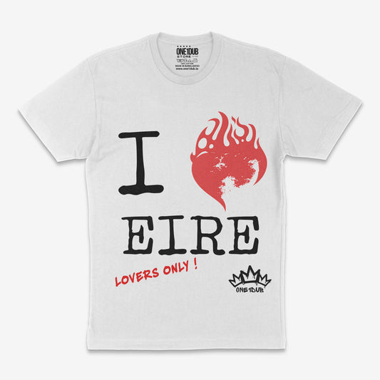 White t-shirt with 'I ❤️ EIRE LOVERS ONLY!' design on a white background
