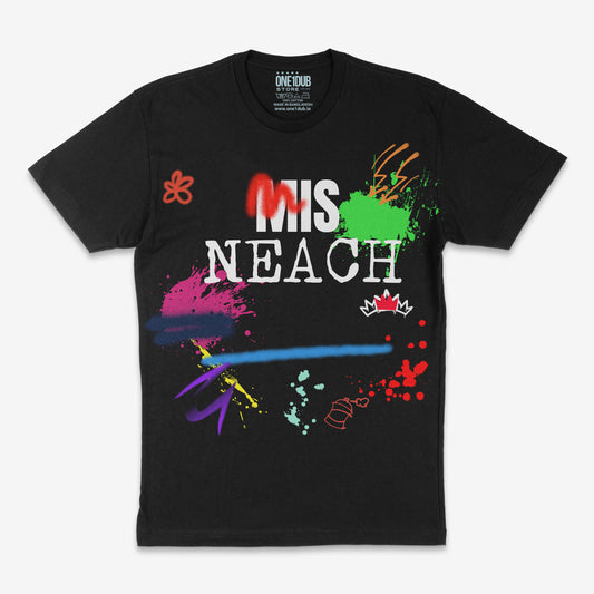 “ONE1DUB MISNEACH graffiti t-shirt in black with colourful paint splashes and bold Irish type”