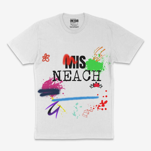 “ONE1DUB MISNEACH graffiti t-shirt in white with colourful paint splashes and bold Irish type”