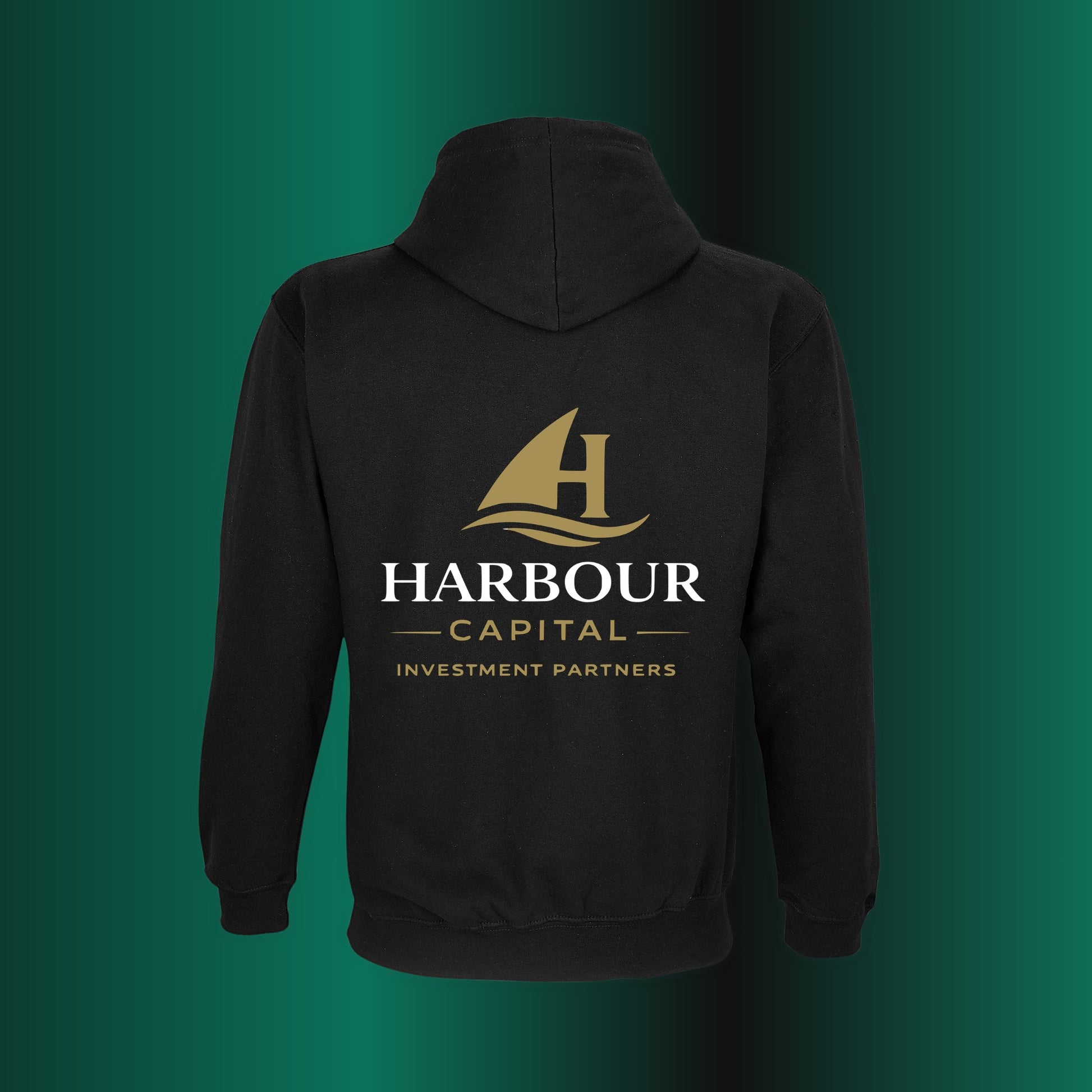 ONE1DUB black premium custom hoodie with gold Harbour Capital Investment Partners logo on back. Classic fit with hood and pocket.
