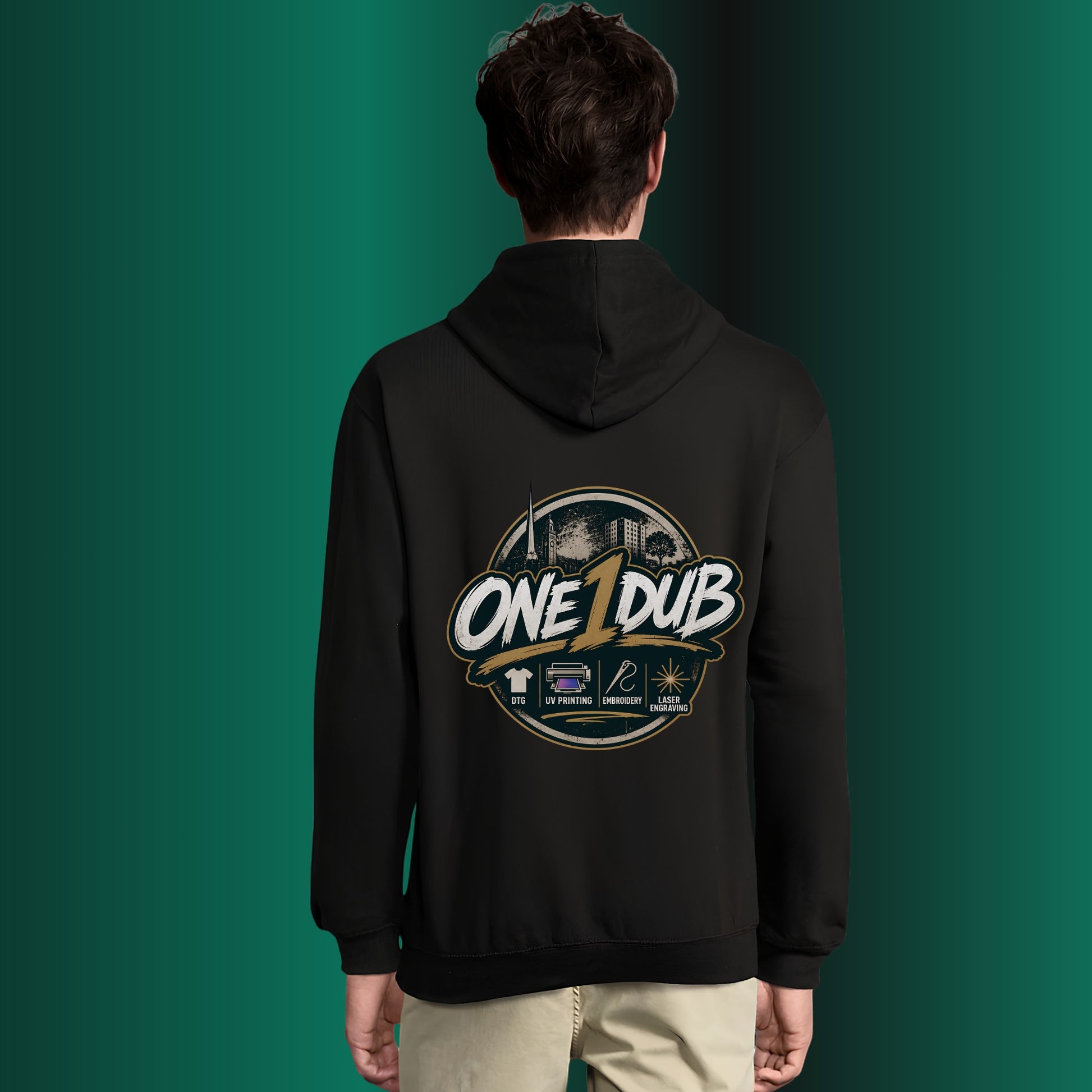 ONE1DUB black premium custom hoodie with gold logo on back, classic fit, hood, and front pocket. Made from soft blend.