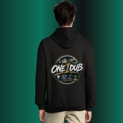 ONE1DUB black premium custom hoodie with gold logo on back, classic fit, hood, and front pocket. Made from soft blend.