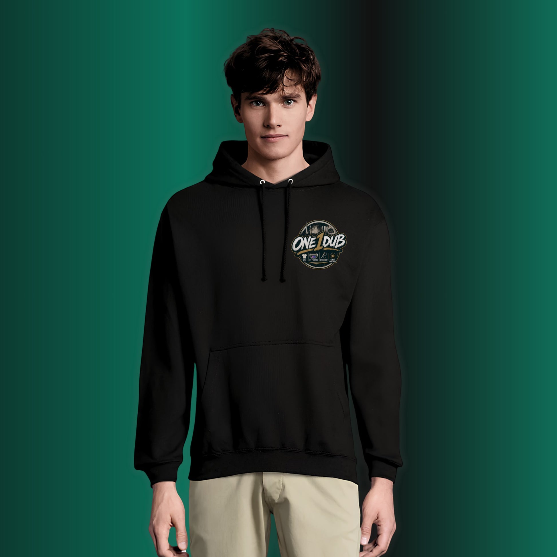 ONE1DUB black premium custom hoodie with gold logo on chest and back, featuring a classic fit, hood, and front pocket.