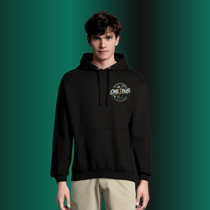ONE1DUB black premium custom hoodie with gold logo on chest and back, featuring a classic fit, hood, and front pocket.