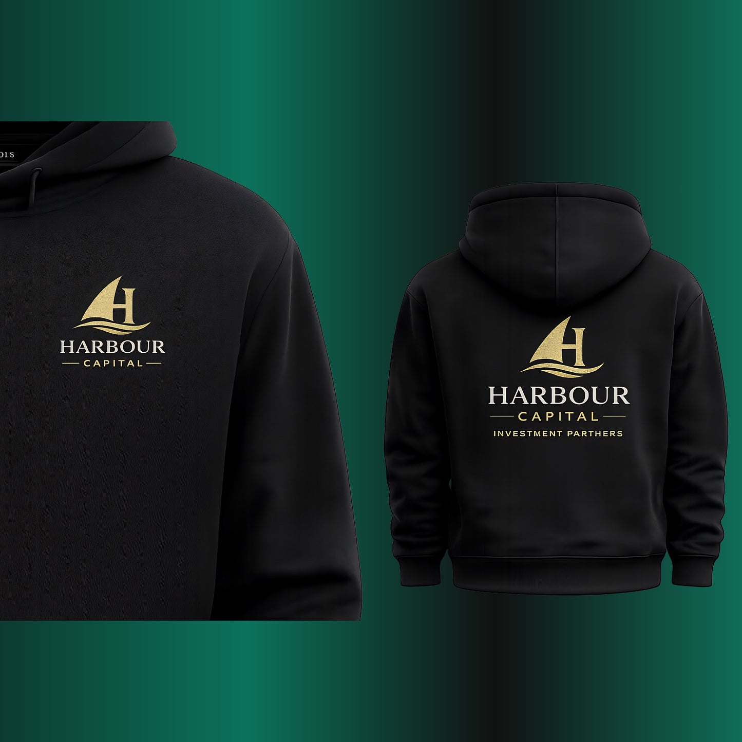 ONE1DUB black premium custom hoodie with gold Harbour Capital logo on chest and back. Soft blend, classic fit, cozy hood, front pocket.