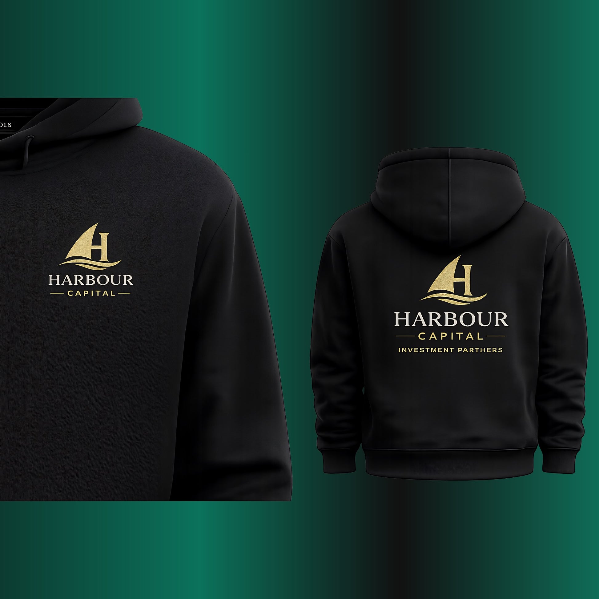 ONE1DUB black premium custom hoodie with gold Harbour Capital logo on chest and back. Soft blend, classic fit, cozy hood, front pocket.