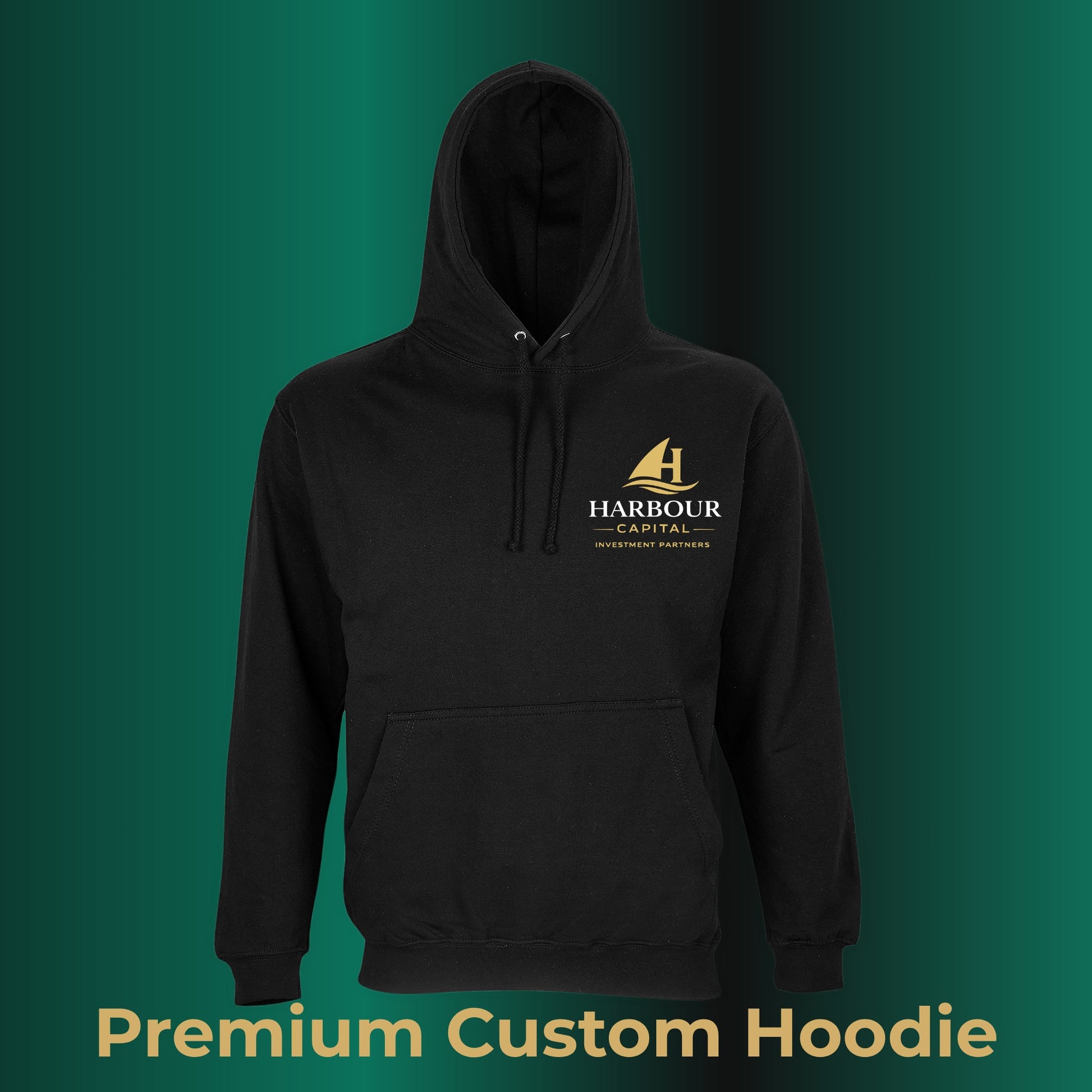 ONE1DUB black premium custom hoodie with gold Harbour Capital logo on chest and back, featuring a front pocket and hood.