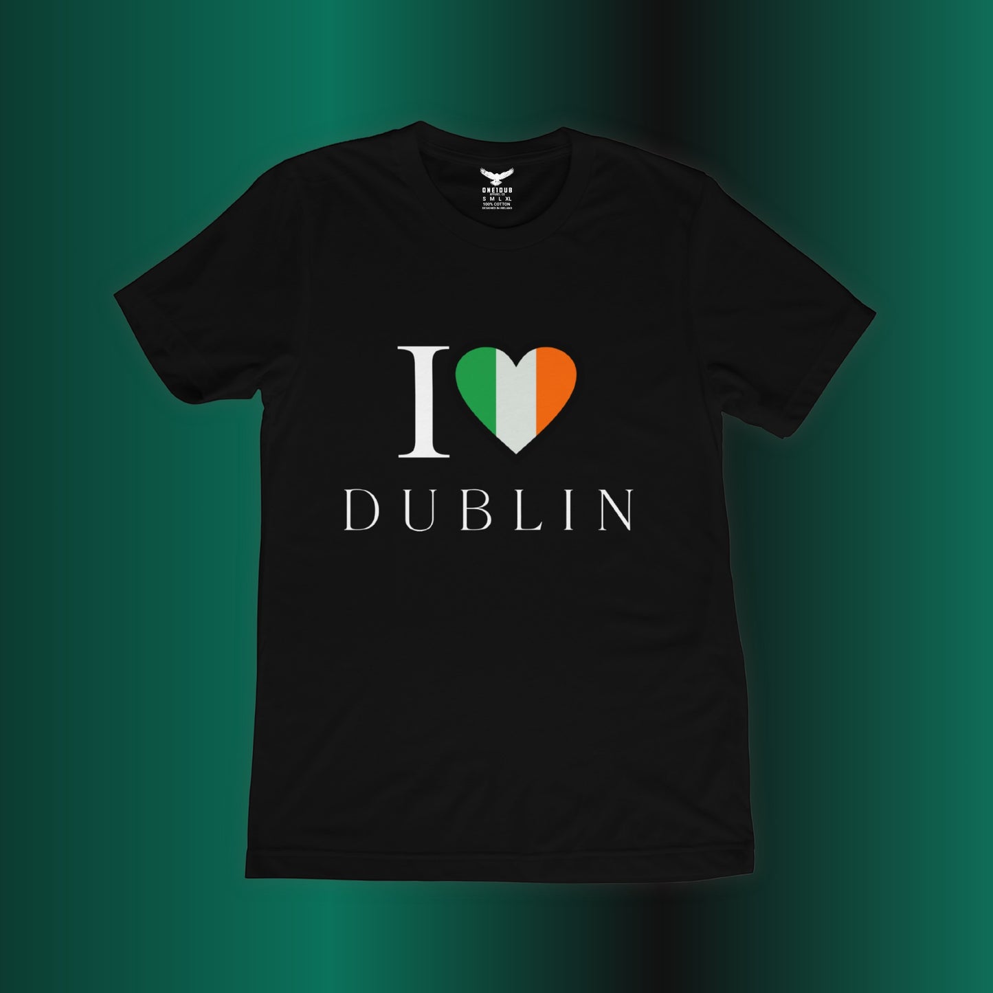 ONE1DUB black cotton t-shirt with "I Love Dublin" graphic and Irish flag heart.