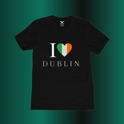ONE1DUB black cotton t-shirt with "I Love Dublin" graphic and Irish flag heart.