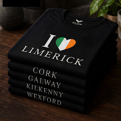 ONE1DUB black cotton t-shirt with "I Love Limerick" graphic and Irish flag heart. Stacked with other city name tees.