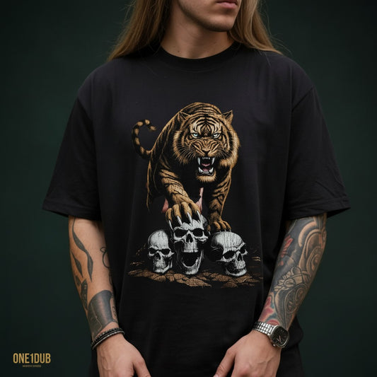 ONE1DUB black cotton t-shirt with a roaring tiger graphic over three skulls. Features short sleeves and a crew neck.