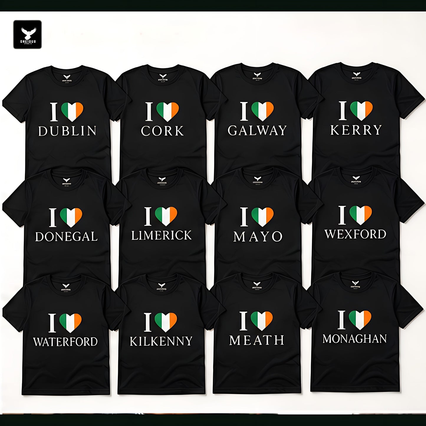 ONE1DUB black cotton t-shirt with "I Love Dublin" graphic and Irish flag heart.
