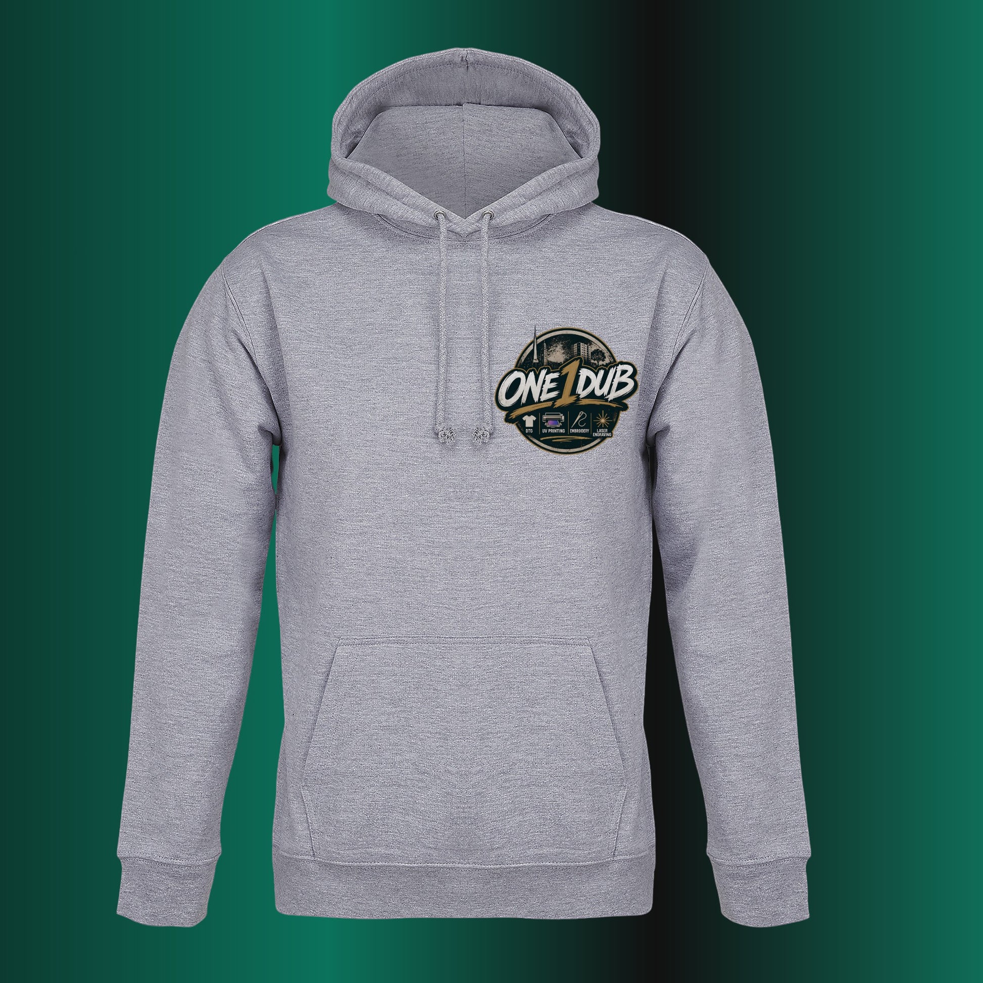 ONE1DUB grey heather cotton blend hoodie with a classic fit, hood, front pocket, and a circular logo on the chest.