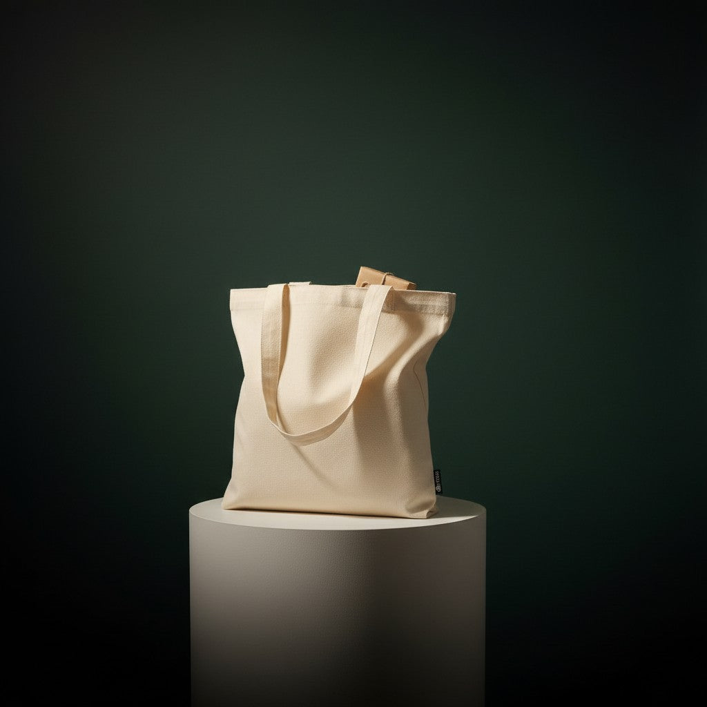 ONE1DUB natural cotton canvas tote bag with reinforced handles, shown with a woman placing a small gift inside.